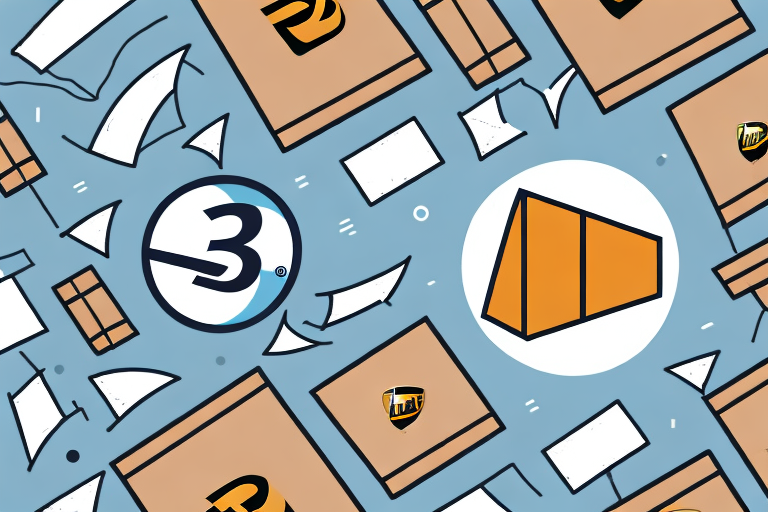 A dynamic pattern featuring various packaging boxes in orange and brown, scattered on a blue background. Logos and symbols, including a stylized number 3 reminiscent of UPS Grounds shipping option, and a triangular orange emblem, are interspersed among white papers and lines.