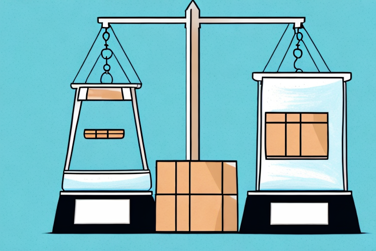 A blue background features an illustration of a balance scale comparing boxes. The left holds fewer, while the right has more and larger boxes. Yet, they remain balanced, much like UPS Negotiated Rates versus Published Rates demonstrating equal value despite varying quantities.