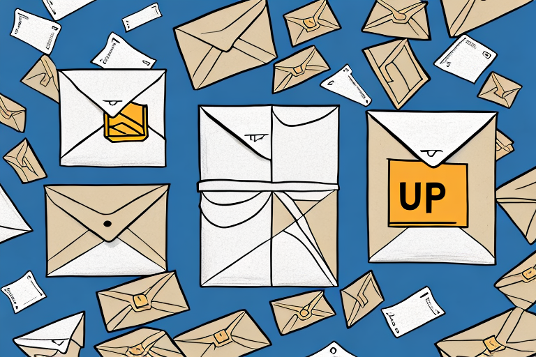 Illustration of various sizes of envelopes scattered on a blue background. Some are labeled with UP and a shield icon, embodying Mail Innovations. The open and closed envelopes capture a dynamic design, perfect for visualizing diverse shipping needs including UPS SurePost solutions.