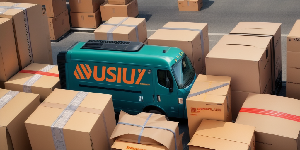 A green delivery van with the logo USIUY is enveloped by numerous large cardboard boxes, some featuring USPS Priority shipping labels. Stacked at varying heights, the boxes create a maze-like ambience around the van in this lively outdoor scene.