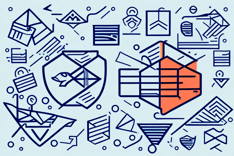 An abstract illustration features geometric shapes and stylized envelopes on a light blue background. Two larger shapes, one blue with a bird graphic, hinting at USPS Priority Mail, and one orange with lines suggest FedEx Ground. These options stand out among smaller designs scattered throughout.