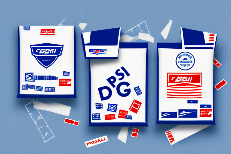 A flat lay photo showcases abstract product packages with blue and red geometric designs on a gray background. The rectangular packages, adorned with squares and letters, suggest an array of USPS Priority shipping options, surrounded by scattered cutouts and labels.