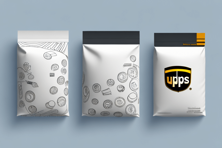 Three illustrated food packages with doodle-style designs against a light blue background. The left and middle packages feature playful drawings of food items, offering a whimsical comparison. The right package showcases a logo with upps in bold letters, reminiscent of a UPS account label.