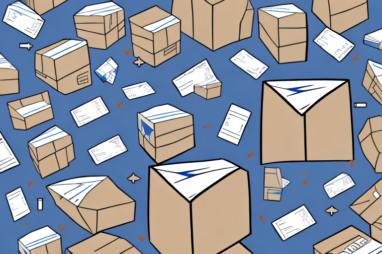 The illustration features various brown shipping boxes and white envelopes scattered on a blue background, reminiscent of packages in transit with USPS. The boxes and envelopes vary in size and position, creating an impression of dynamic movement.