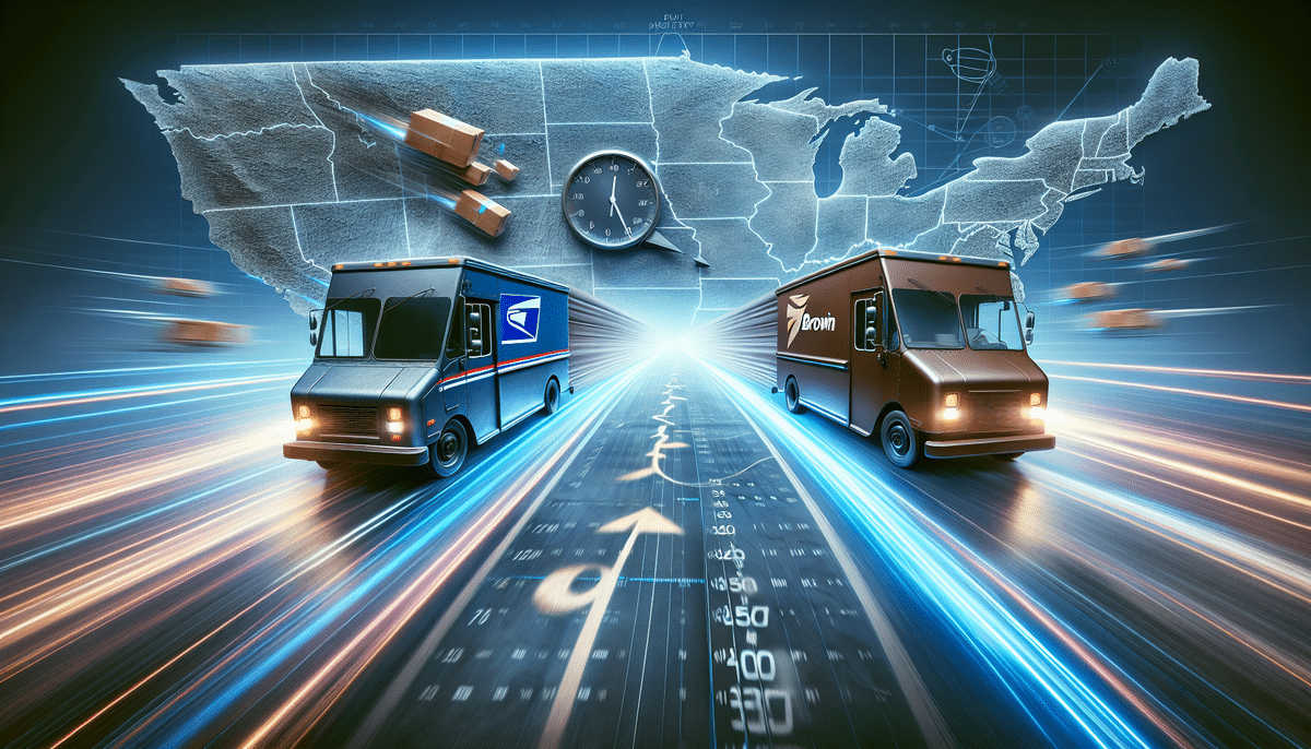 Two delivery trucks, one blue and one brown, speed along a futuristic highway with light trails, against a backdrop of a USA map and a clock. Packages float in the air, symbolizing fast shipping methods like UPS Ground across the country.