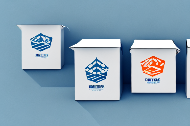 Three white containers with blue and orange geometric logos, reminiscent of FedEx branding, feature unreadable text and are mounted on a blue wall. They are aligned in a row, casting soft shadows.