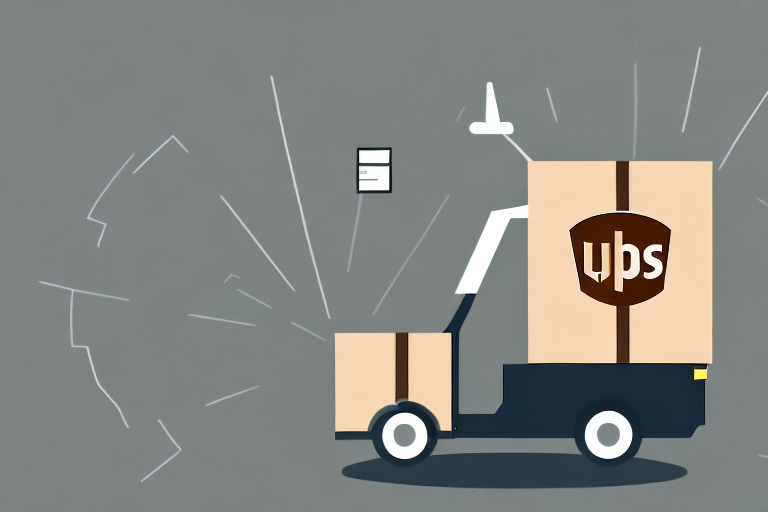 A UPS delivery truck with brown packages moves to the right, showcasing the benefits of efficient delivery. A small envelope floats above, hinting at MyUPS Choice. Dynamic lines suggest motion against a muted gray background, embodying reliability for your business needs.