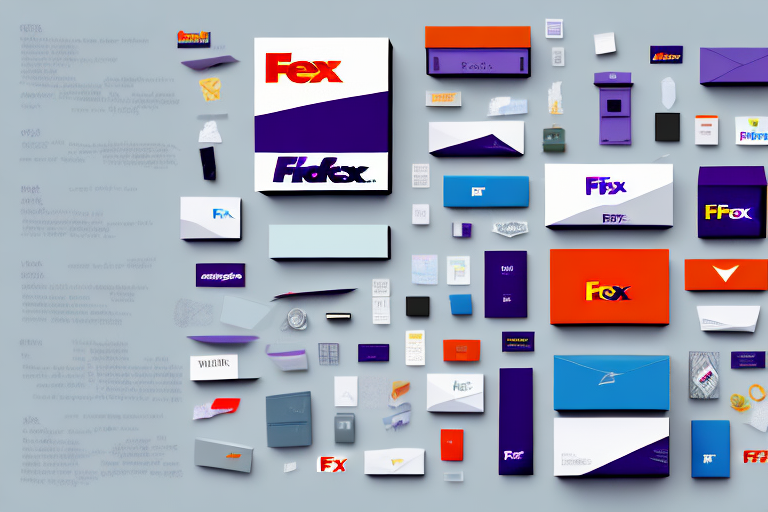 A collection of various branded packaging designs arranged on a flat surface. The packages, highlighting FedEx One Rate, vary in size, shape, and color, showcasing different logos and typography styles, including multiple variations of the FedEx logo.