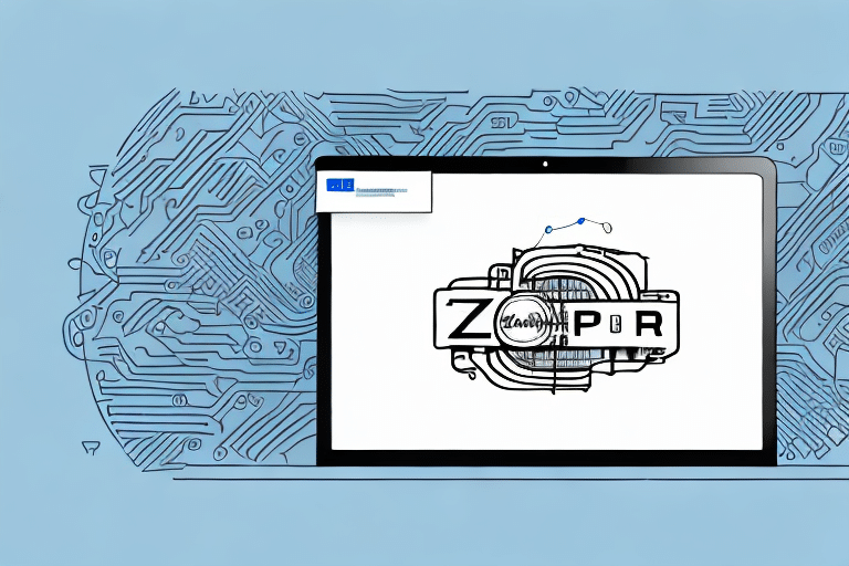 A laptop showcasing a digital circuit design with Zopr on the screen, set against a light blue background filled with intricate circuit patterns, highlights its compatibility with ZP 450 Printers and FedEx Ship Manager.