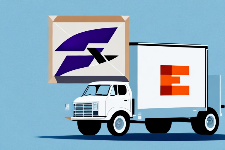 A delivery truck with a large box on its roof. The box features a stylized purple F design, reminiscent of FedEx locations, while the truck displays a bold red E on its side. The background is light blue.