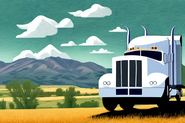 Illustration of a white semi-truck with a large front grille, delivering packages through a scenic countryside on a calm Sunday. The background features rolling hills, scattered clouds in the clear sky, and golden fields. Majestic mountains rise under the bright, blue sky.