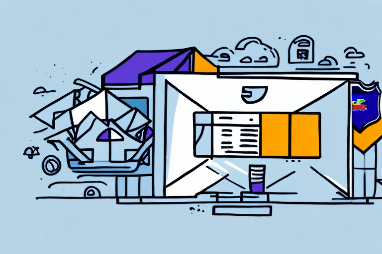 A stylized illustration of a shipping container and digital elements, symbolizing logistics and technology. Featuring FedEx Ship Manager Lite icons, clouds, locks, and a vibrant color palette of blue, yellow, and purple.