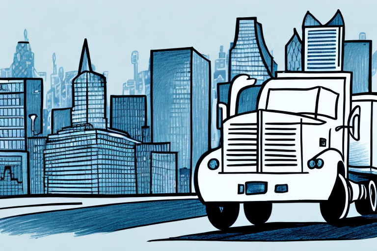 Illustration of a large truck, reminiscent of a FedEx Overnight delivery, driving on a road with a backdrop of tall skyscrapers in an urban cityscape. The buildings are sketched in shades of blue, and the truck is drawn in a bold, outlined style.