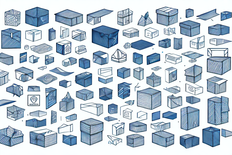 A collection of variously shaped blue and white boxes and packages in different sizes, styles, and angles, scattered against a plain white background. These FedEx-themed boxes are illustrated with line patterns and shading for a three-dimensional effect, showcasing diverse shipping options.
