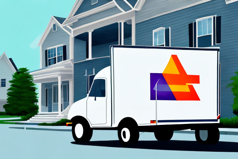 A white delivery truck with a colorful geometric logo parked in front of a modern, two-story blue house on a sunny Saturday. Large windows and a porch are visible, framed by greenery under the clear sky, ready for the FedEx pickup.