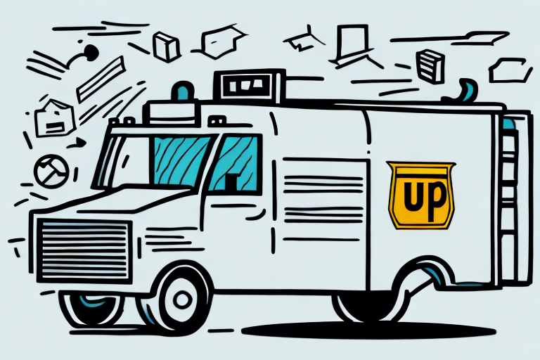 Illustration of a delivery truck with a UP logo on its side. Various packages and envelopes, including some destined for PO Boxes, float around the truck. Its drawn in a stylized, cartoonish manner with bold lines and simple colors, reminiscent of UPS SurePost service.