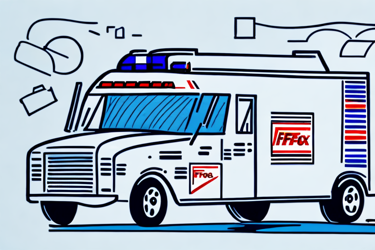 Illustration of a delivery truck with a distinctive blue and red color scheme, reminiscent of USPS FedEx branding. The truck is adorned with stripes and logos, while abstract shapes of packages surround the vehicle, suggesting seamless transit and efficient delivery.