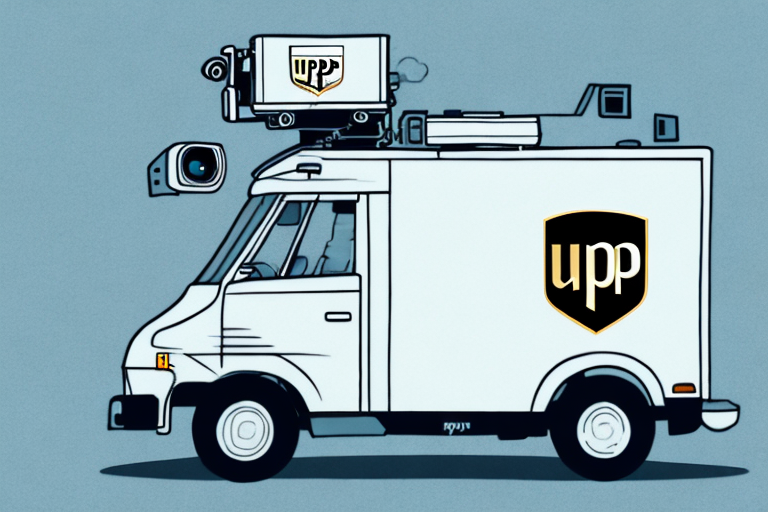 A white van with a large camera and equipment mounted on its roof features the logo UPP on its side. The vehicle is illustrated against a blue background, emphasizing its purpose, possibly for media or gathering UPS Delivery Photos for proof.