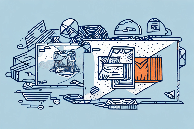This abstract illustration, reminiscent of software design, showcases overlapping geometric shapes with intricate line patterns. Dominant blue and orange hues on a light blue background create a dynamic, layered composition, much like the interconnected efficiency of UPS WorldShip.