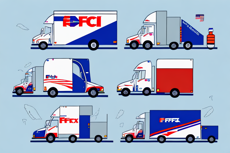 Illustration of six stylized delivery trucks inspired by FedEx and USPS designs in various colors, featuring logos resembling FFC, Fb, and FFFx. A small American flag and a beverage bottle sit beside one truck, set against a light blue background.