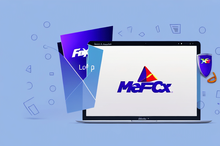 A MacBook displays the MeFX logo, characterized by bold letters and a triangular design. Floating sheets of paper and icons are seen around it on a blue background, suggesting a theme of technology or communication, much like using FedEx Ship Manager for efficient logistics solutions.