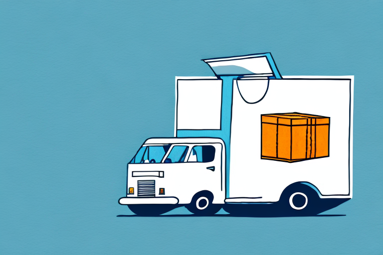 An illustration of a white delivery truck, featuring a large orange box on its side, glides against a simple blue background, symbolizing delivery jobs and the chance to earn money.