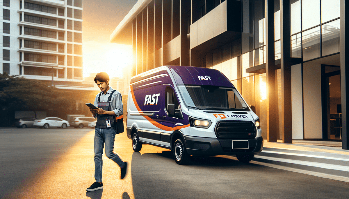 A delivery person in a blue uniform strolls past a modern office building, checking a clipboard. A FedEx van labeled FAST is parked nearby, highlighting its offer of overnight delivery. Its a sunny day, and the scene exudes efficiency and speed.