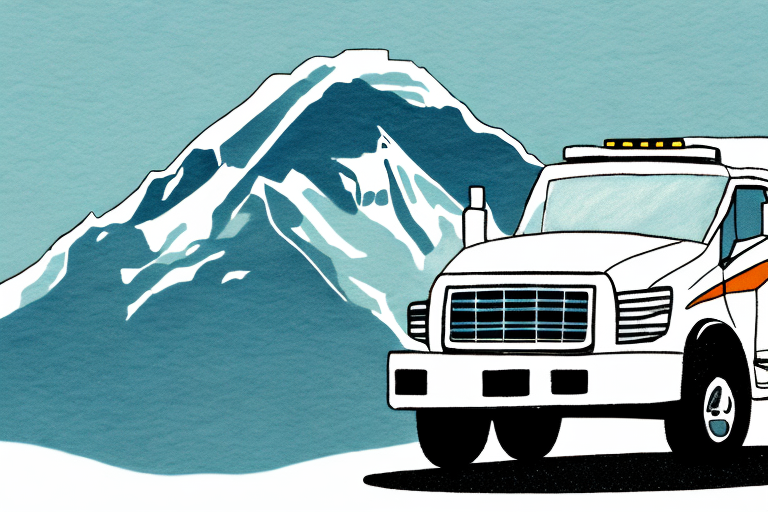 Illustration of a truck with an orange stripe parked in front of a snow-capped mountain under the clear blue Colorado Springs sky. The truck, poised to the right, captures a scenic view, hinting at its role in local delivery services amidst natures beauty.