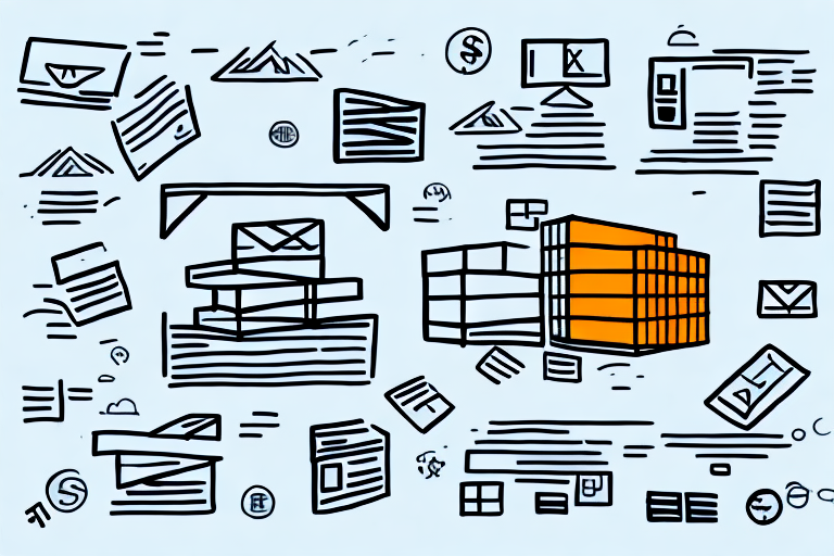 A stylized illustration showcases various geometric shapes and building-like structures, featuring a prominent FedEx-themed orange-edged building. Surrounding elements include sketches of envelopes, documents, and screens on a light blue background, evoking the dynamics of shipping rates.