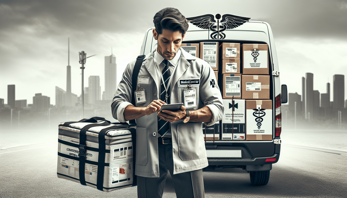 A medical courier stands in front of a van, exploring the benefits of a streamlined workflow as he checks a tablet. Clad in a lab coat and badge, he carries a large insulated bag. The van is open, revealing medical boxes and supplies against the backdrop of the city skyline.
