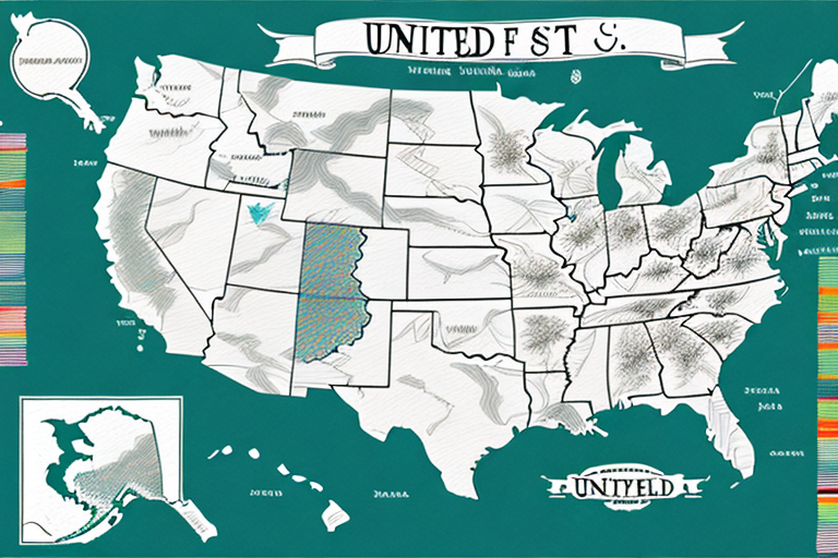 Illustrated map of the United States featuring stylized mountains and rivers. Each state is outlined; New Mexico is highlighted in color. An inset shows Alaska. Decorative text reads United States with a banner, design elements, and labeled zones for clarity akin to a FedEx map.