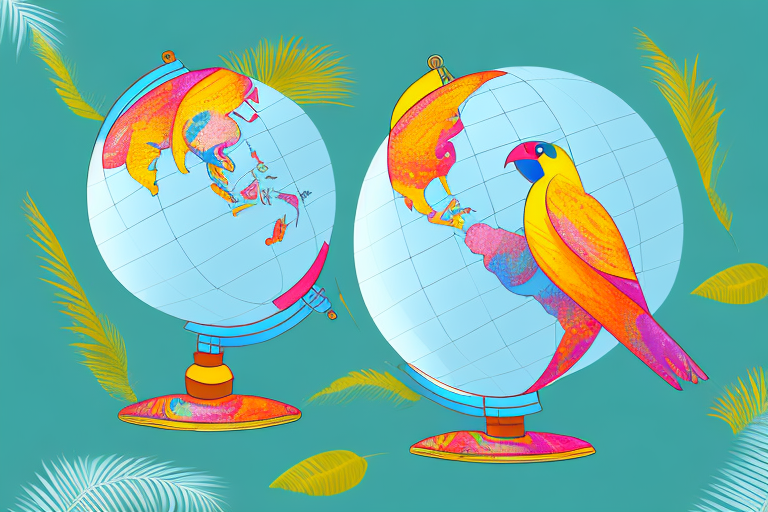 Two colorful globes on stands showcase Farm Rios distinctive flair, each featuring a vibrant parrot woven into the map. The left globe highlights Asia and Australasia, while the right showcases the Americas. A nod to this Brazilian brands global expansion, surrounded by lush tropical leaves.