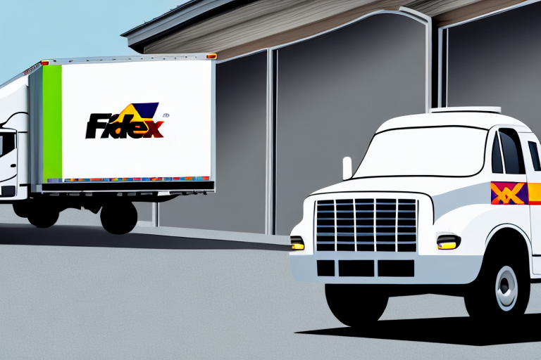 Illustration of two delivery trucks outside a warehouse, one showcasing a FedEx-like logo and the other with a unique design. The scene depicts a loading dock area, hinting at security delays impacting timely deliveries to the recipient location.