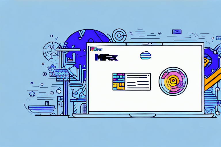 An illustration of a computer screen showcasing a colorful dashboard with various charts and graphs from the FedEx Ship Manager system. Surrounding the screen are abstract tech-themed designs and digital elements on a blue background, highlighting the power of remote machine access.