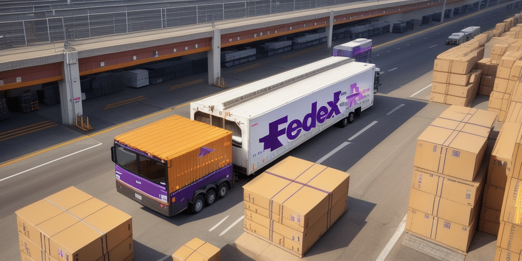 A FedEx truck and trailer are parked in a loading area, surrounded by stacks of cardboard boxes. A large warehouse with multiple bays is visible in the background on a sunny day, as teams employ FedEx Ship Manager to streamline logistics from remote machines.