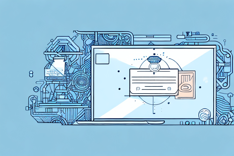 Illustration of a digital screen on a blue background, displaying a futuristic interface akin to FedEx Ship Manager. The screen features a document with text lines and a circular graph, surrounded by abstract, circuit-like patterns that seem ready to process any request.