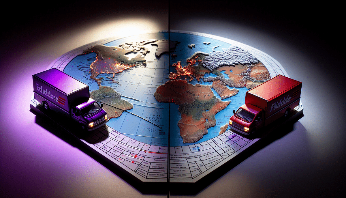 Two toy delivery trucks face each other on a world map globe, one purple and the other red. The maps surface is illuminated, showcasing continents and city lights. The scene symbolizes global logistics and connectivity, much like a FedEx shipping comparison divided by a central line.