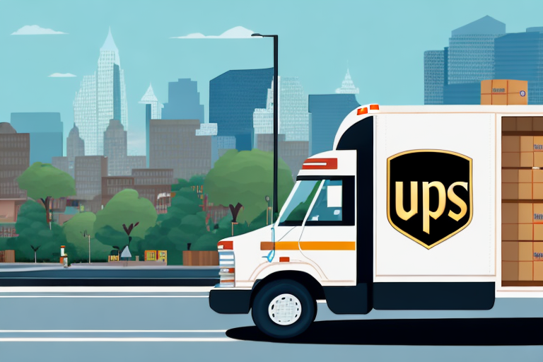 A UPS delivery truck, possibly set for a UPS Saturday Delivery, is parked on a street with its back door open, revealing stacked boxes. The background displays a cityscape with skyscrapers and trees beneath a clear blue sky.
