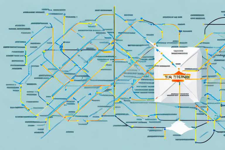 A complex subway map with various colored lines and stations on a light blue background. The map features intersecting routes, a central station labeled TRA TEMBL, and Zip Code overlays to help streamline FedEx Transit Times for efficient navigation.