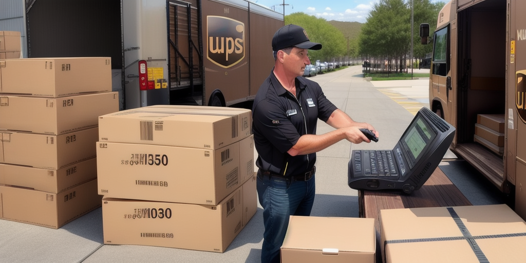 A delivery worker efficiently scans packages outside a UPS truck, using a large handheld scanner to capture barcodes and zip codes. Surrounded by cardboard boxes, another UPS truck waits nearby under the sunny sky, framed by the greenery of trees in the background.