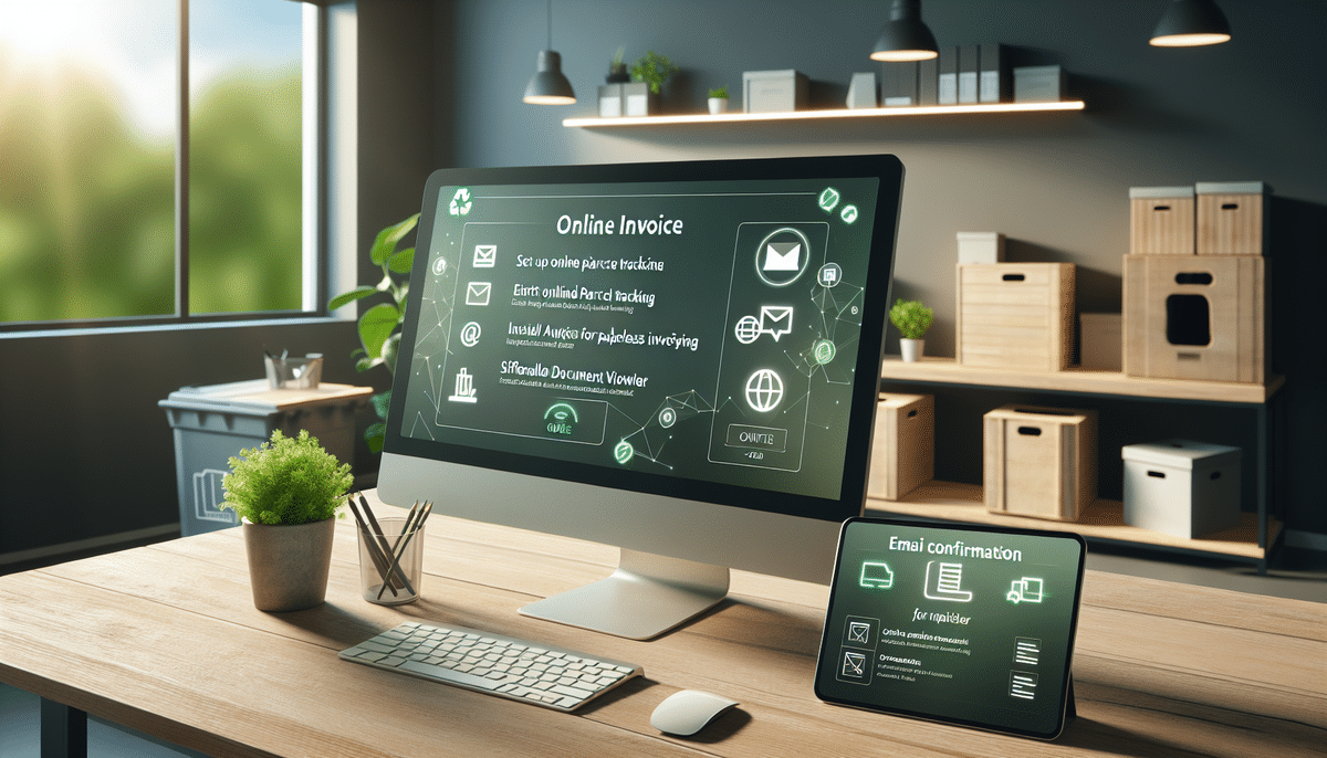 A modern, paperless office desk with a computer and tablet displaying online invoice and email confirmation screens. The workspace is enhanced by plants, a lamp, stacked UPS boxes, and a large window allowing natural light to flood the room.
