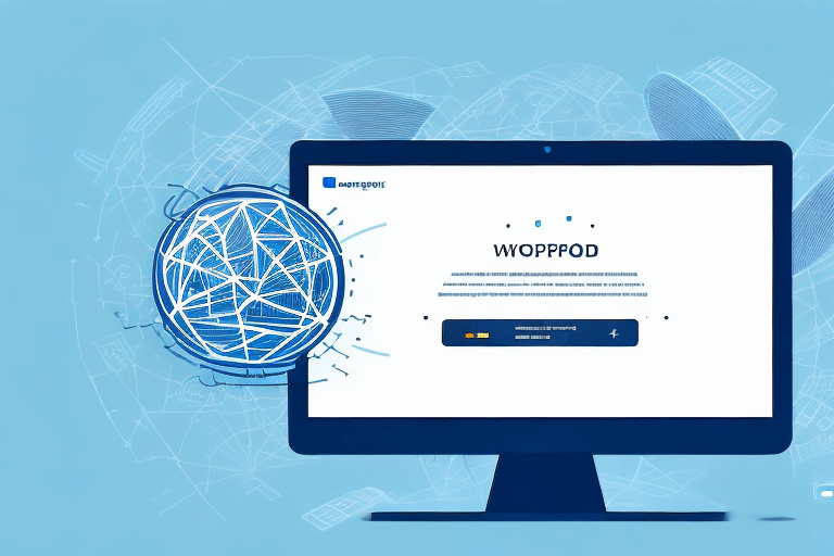 A digital illustration displays a computer screen with the text WOPPOD, next to a globe of interconnected lines and dots representing a network. The abstract tech graphics on a blue backdrop subtly suggest an address file location or logistics like UPS Worldship.