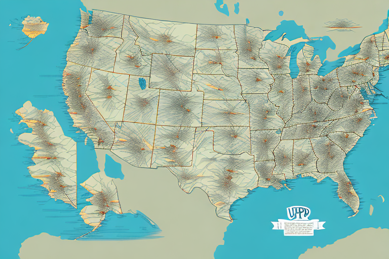 A stylized map of the United States with Alaska and Hawaii showcases an extensive network of overlapping lines, shaded areas indicating connections or movements, and highlights UPS SurePost locations across the states. A decorative logo adorns the bottom right corner.