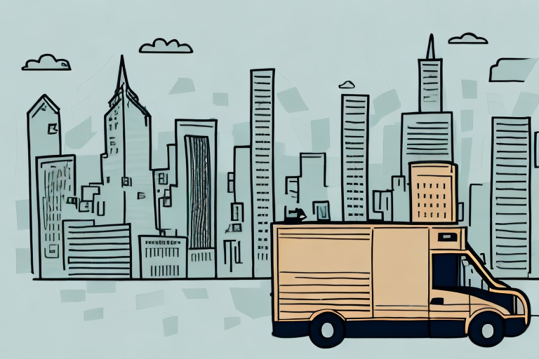 Illustration of a yellow delivery truck, reminiscent of UPS Saturday Delivery, driving past a city skyline with various skyscrapers against a light blue background, dotted with few clouds. A nod to bustling ZIP Codes where timely deliveries weave into the fabric of daily life.