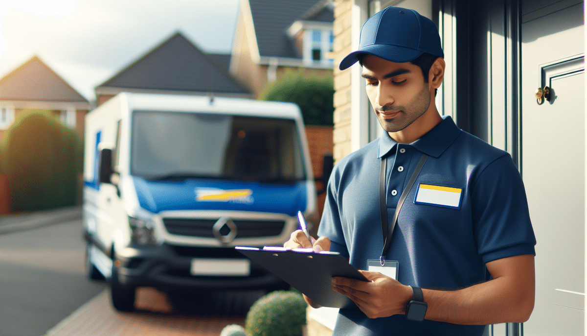 A FedEx delivery person in a blue uniform requires a signature as they write on a clipboard in front of a suburban house. A white delivery van with blue accents is parked on the street. The person wears a navy cap and name tag while conducting their work efficiently.