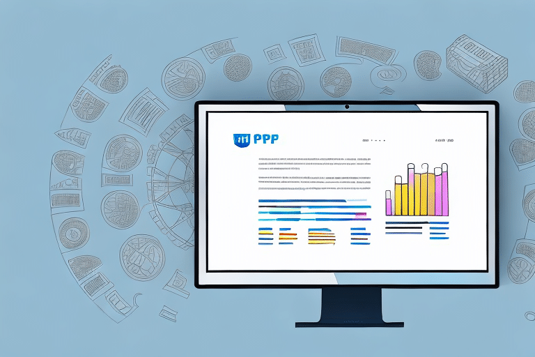 A computer monitor displays a digital document with the text “PPP” and colorful bar graphs. Surrounding it are illustrated financial and technical symbols, against a blue background, hinting at an End of Day UPS WorldShip Report essential for accurate daily logistics tracking.