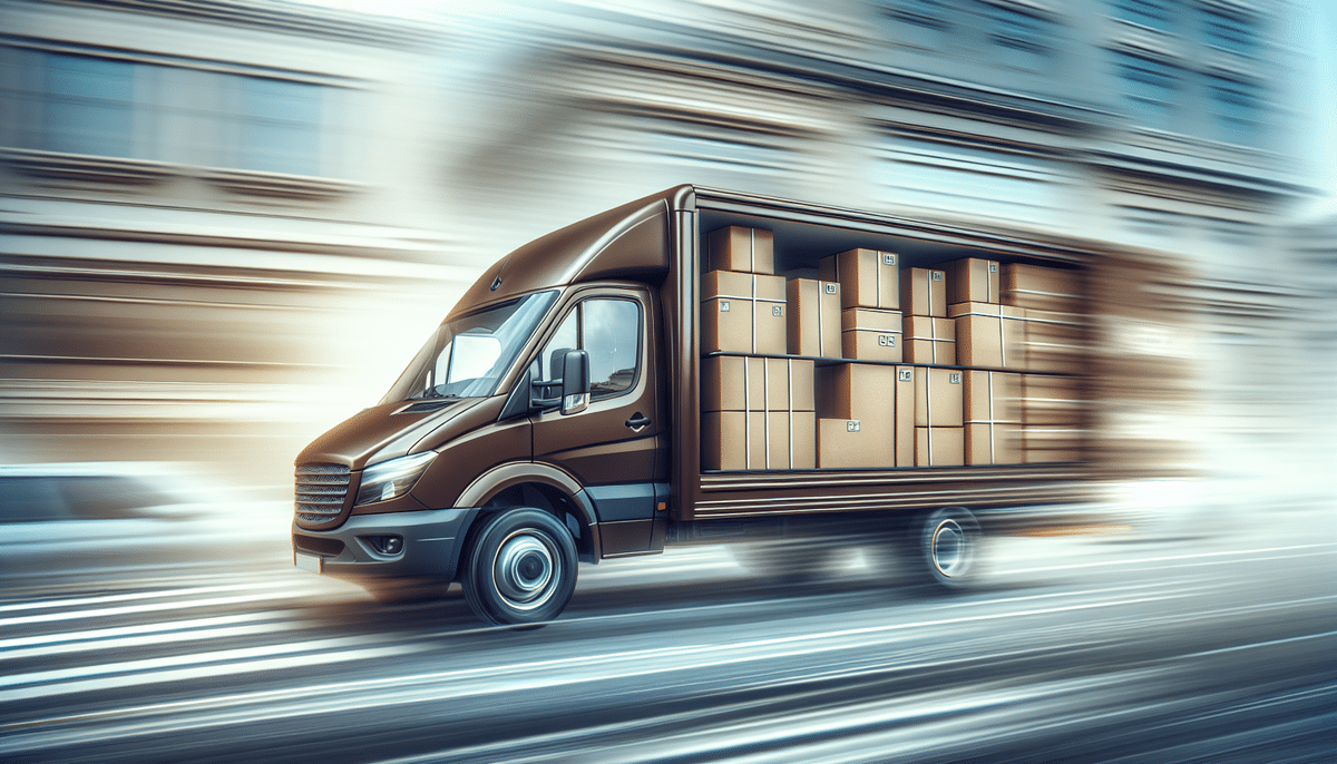 A delivery truck filled with cardboard boxes speeds through a city street, embodying the essence of UPS First Class Shipping. The motion-blurred background underscores its urgency, with the truck in sharp focus to highlight the importance of fast shipping and timely delivery.