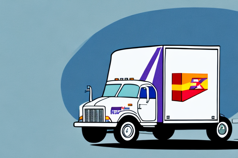 Illustration of a white delivery truck featuring a stylized purple and orange logo, reminiscent of the renowned FedEx design, with an arrow within a box. The truck is set against a simple blue background, capturing successful business strategies in logistics.