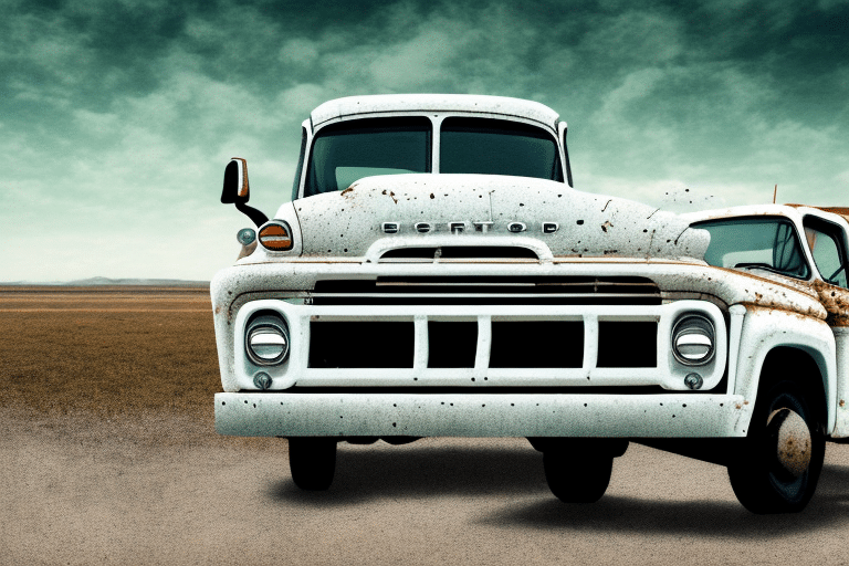 A rusty, vintage white pickup truck stands as a silent record of time in a vast, barren landscape under a cloudy sky, emphasizing a sense of solitude and nostalgia tied to its abandonment.