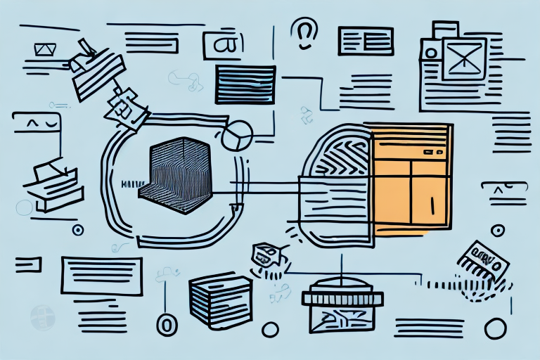 Abstract illustration featuring interconnected technology elements, including a laptop, file icons, graphs, and flowcharts, all connected by lines and arrows. This visual guide symbolizes digital networks or data flow on a light blue background, much like tracking information through UPS SurePost.